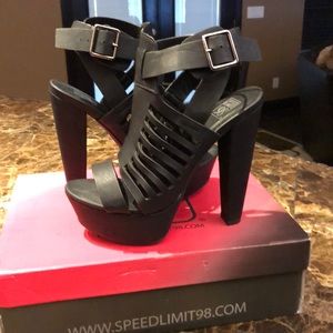 Nubuck Peep Toe Caged Platform Chunky Heel Sandal.